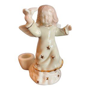 Christmas Angel Holding a Dove Taper Candle Holders Ceramic White Gold Trim Star